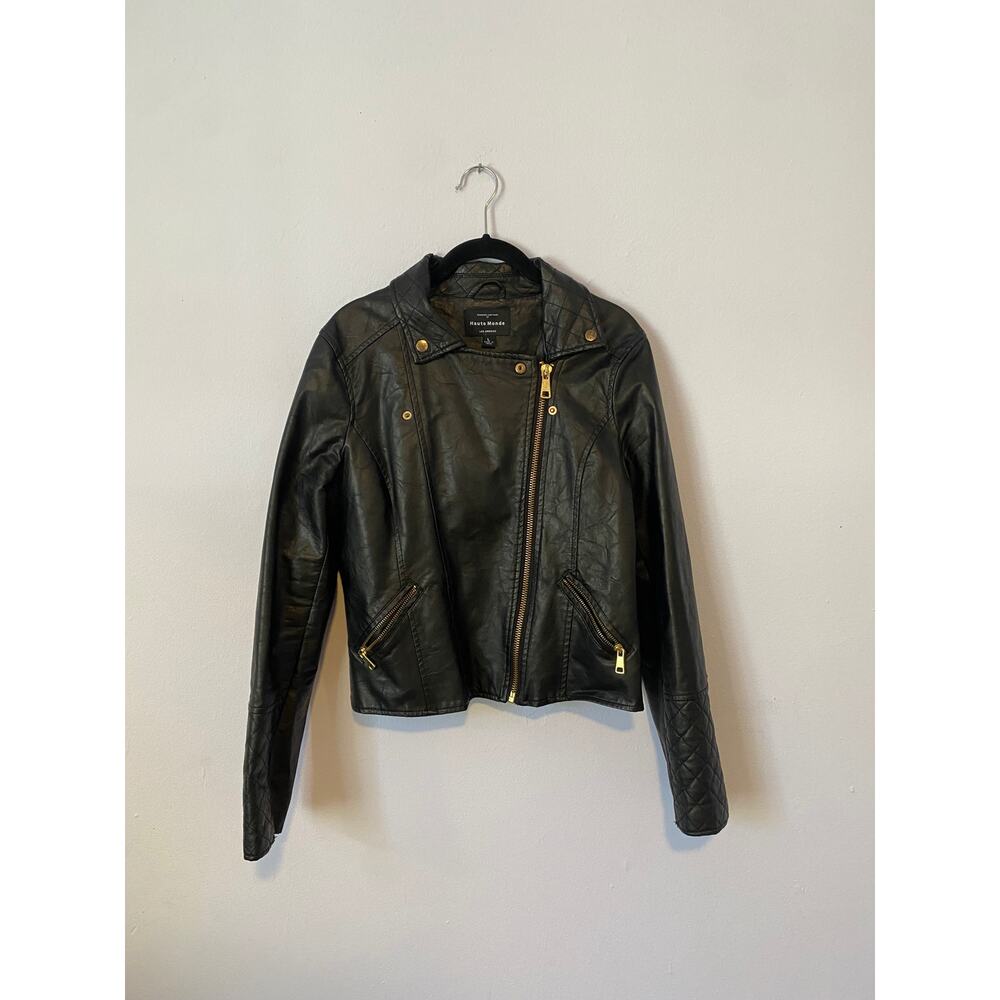 Black Haute Monde Moto Jacket Quilted Asymmetric Zip Large Womens